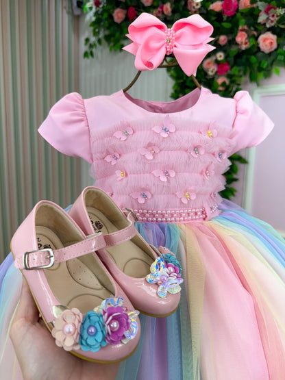 Vestido Infantil Rosa Claro em Algodão com Saia Multicolorida e Brilho Luxuoso para Festa