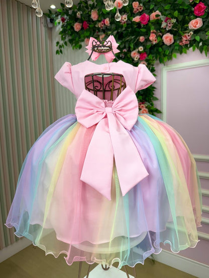 Vestido Infantil Rosa Claro em Algodão com Saia Multicolorida e Brilho Luxuoso para Festa