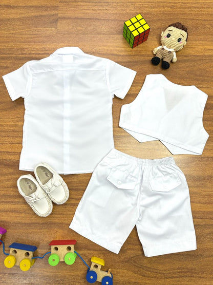 Conjunto Social Short Camisa Colete Gravata Suspensório Branco