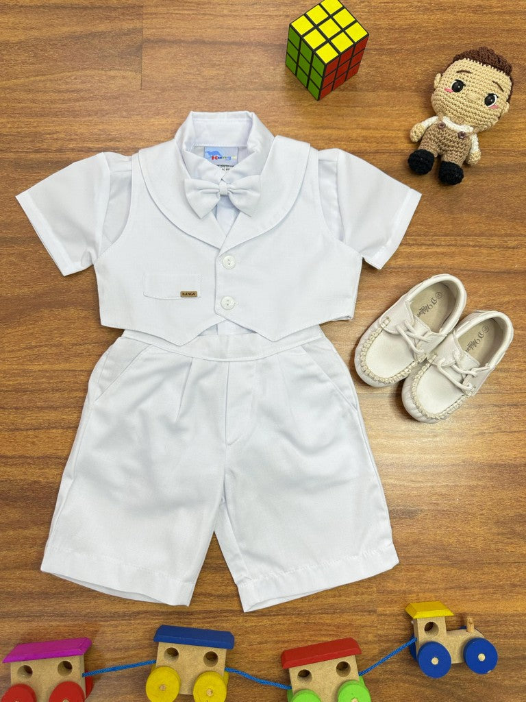 Conjunto Social Short Camisa Colete Gravata Suspensório Branco