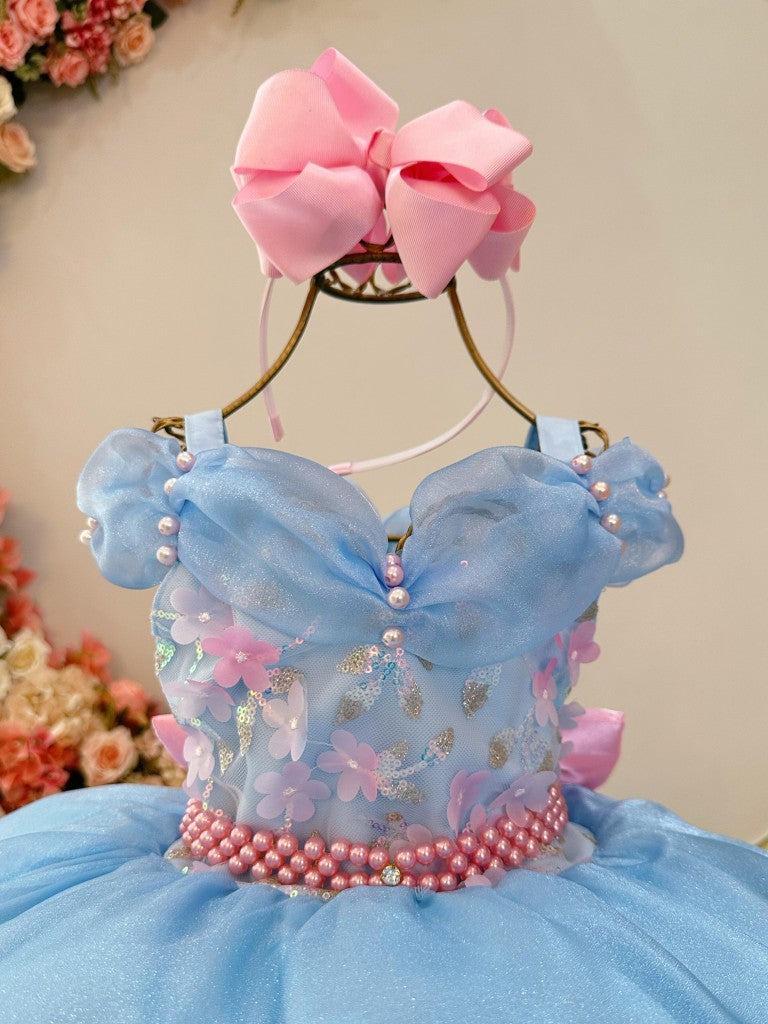 Vestido Infantil Azul em Cetim com Saia Rodada para Festa de Aniversário