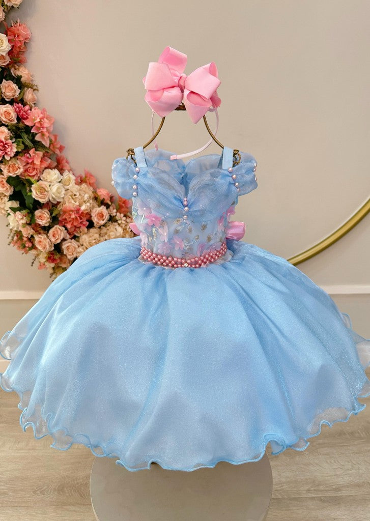 Vestido Infantil Azul em Cetim com Saia Rodada para Festa de Aniversário