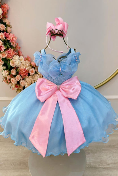 Vestido Infantil Azul em Cetim com Saia Rodada para Festa de Aniversário