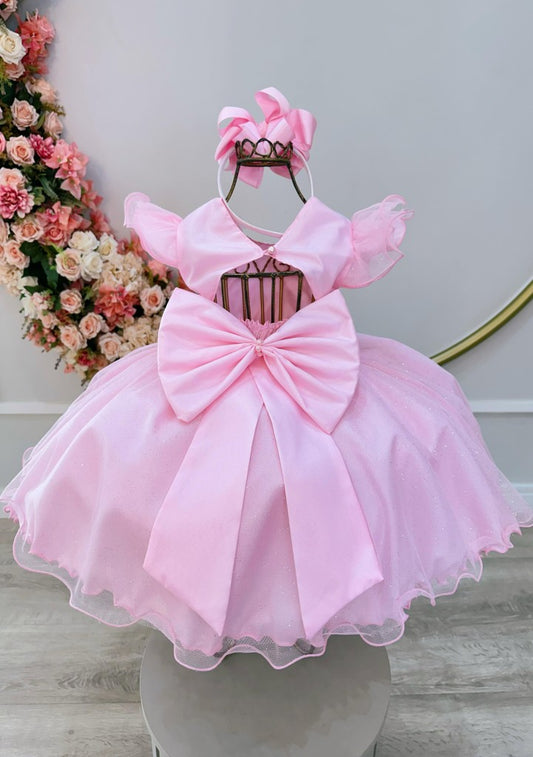 Vestido Infantil Rosa em Cetim com Saia Rodada para Festa de Aniversário