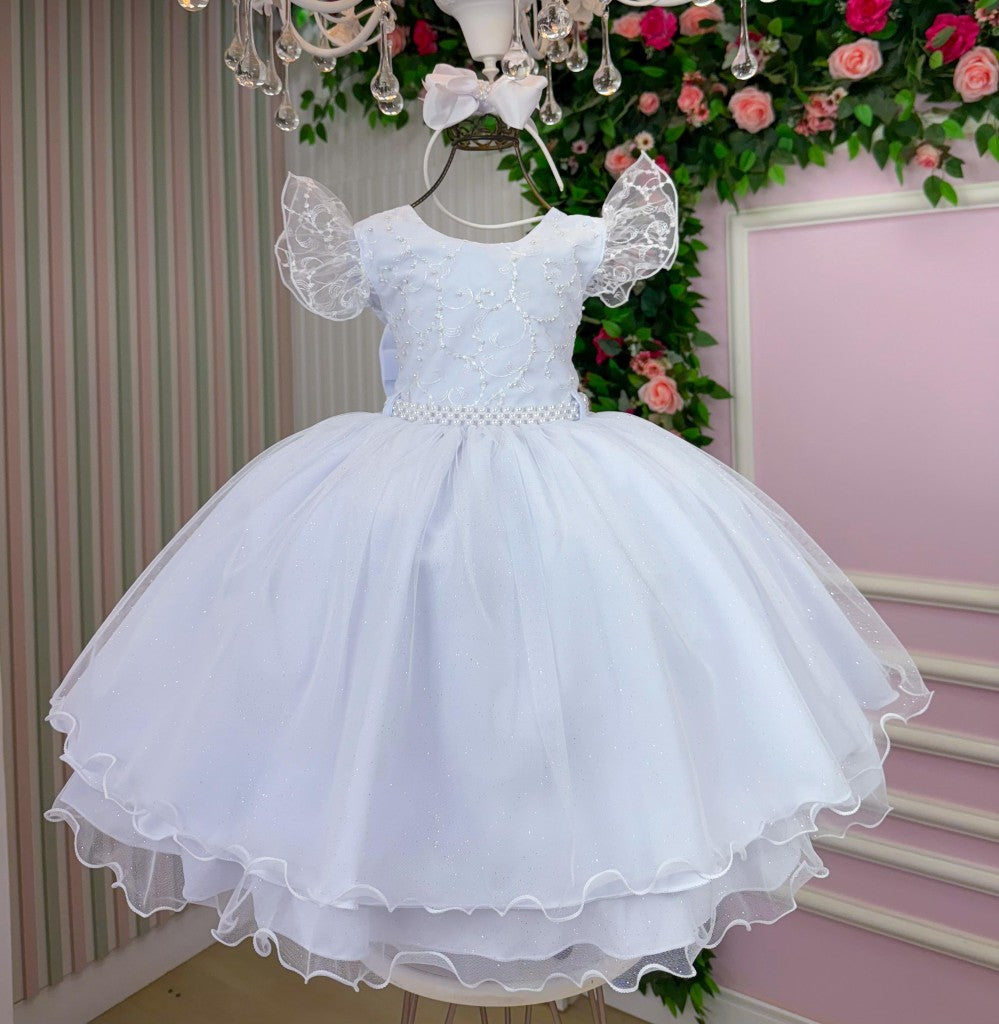 Vestido Infantil Branco em Tecido de Alta Qualidade com Laço nas Costas para Festa de Aniversário