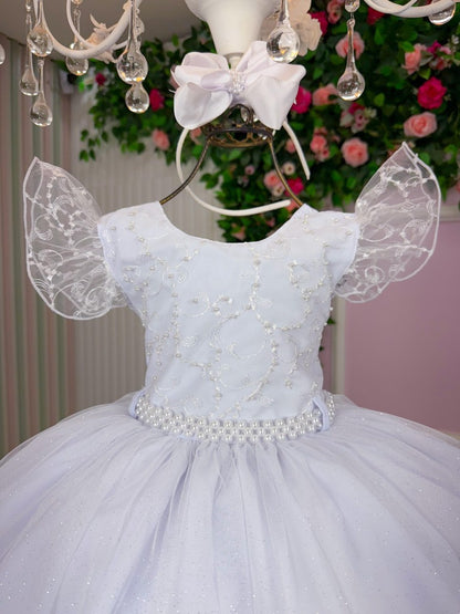 Vestido Infantil Branco em Tecido de Alta Qualidade com Laço nas Costas para Festa de Aniversário