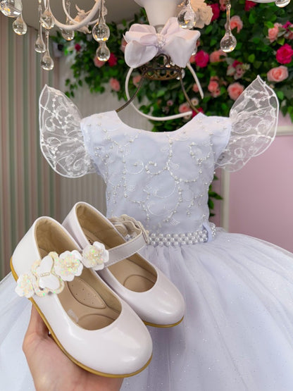 Vestido Infantil Branco em Tecido de Alta Qualidade com Laço nas Costas para Festa de Aniversário