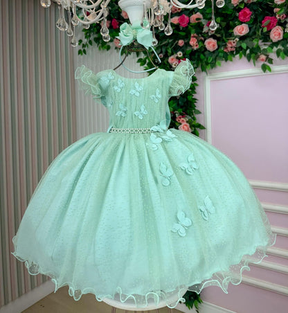 Vestido Infantil Verde Menta em Cetim com Saia Rodada para Festa de Aniversário