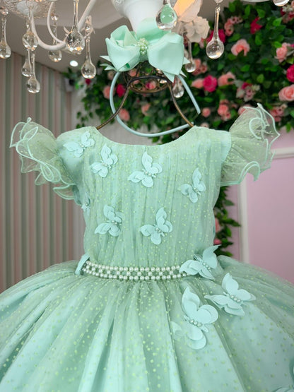 Vestido Infantil Verde Menta em Cetim com Saia Rodada para Festa de Aniversário