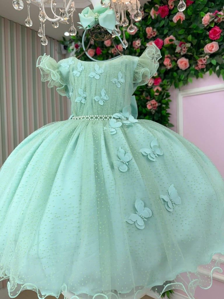 Vestido Infantil Verde Menta em Cetim com Saia Rodada para Festa de Aniversário