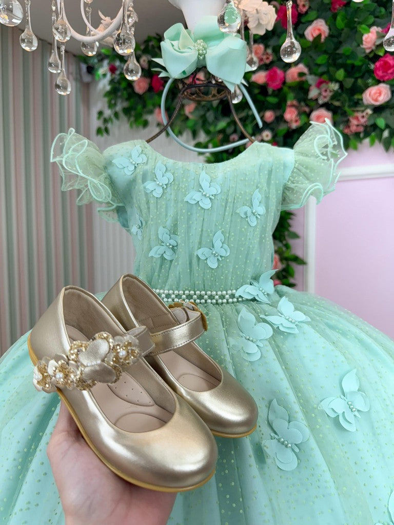 Vestido Infantil Verde Menta em Cetim com Saia Rodada para Festa de Aniversário