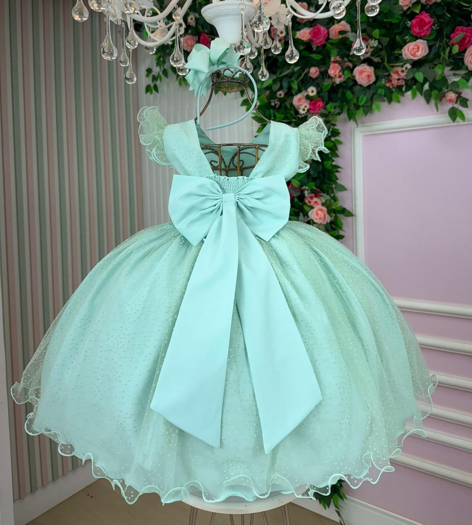 Vestido Infantil Verde Menta em Cetim com Saia Rodada para Festa de Aniversário
