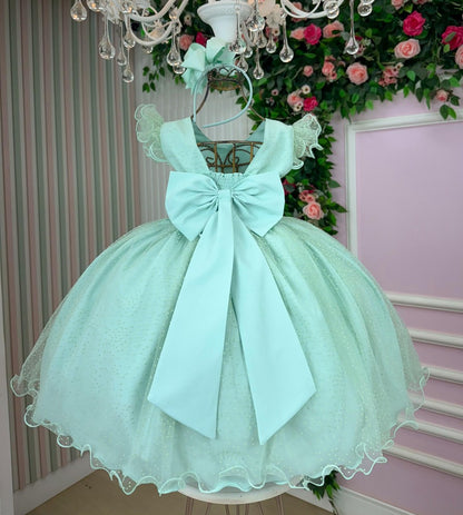 Vestido Infantil Verde Menta em Cetim com Saia Rodada para Festa de Aniversário