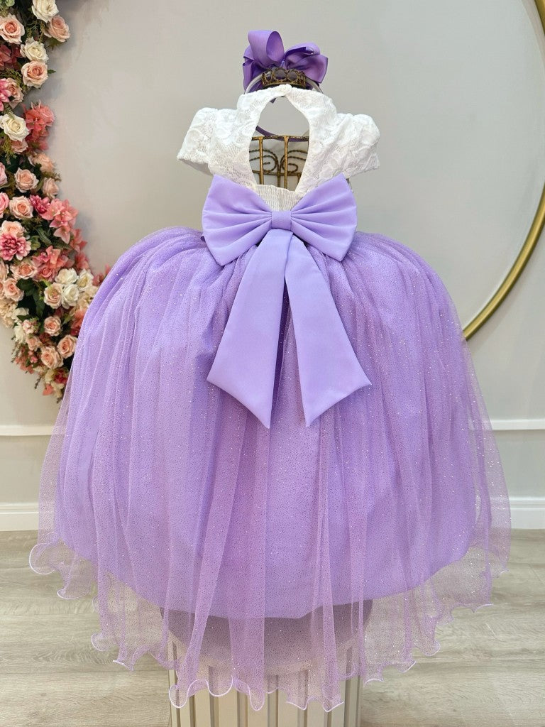 Vestido Infantil Off White em Renda com Saia Lilás e Broche Delicado para Festa de Aniversário