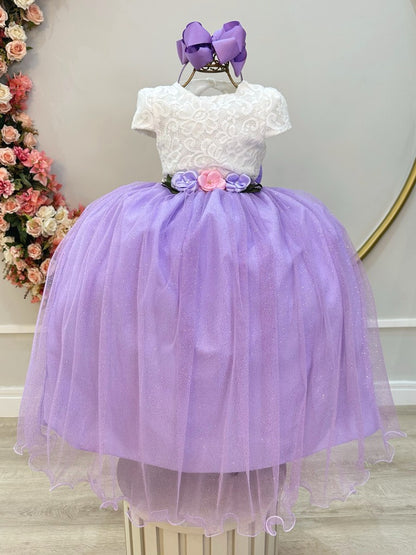 Vestido Infantil Off White em Renda com Saia Lilás e Broche Delicado para Festa de Aniversário