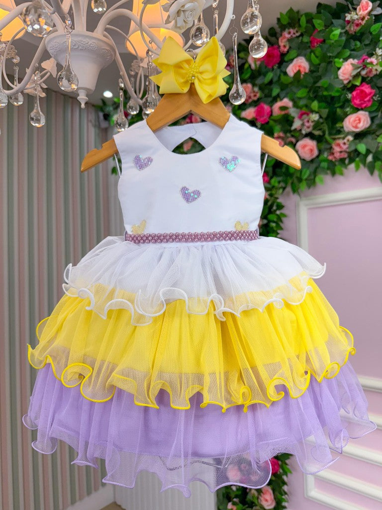 Vestido Infantil Amarelo em Algodão com Saia Lilás e Laço nas Costas para Festa de Aniversário