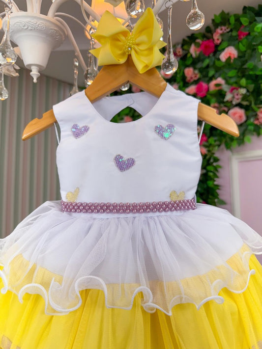 Vestido Infantil Amarelo em Algodão com Saia Lilás e Laço nas Costas para Festa de Aniversário