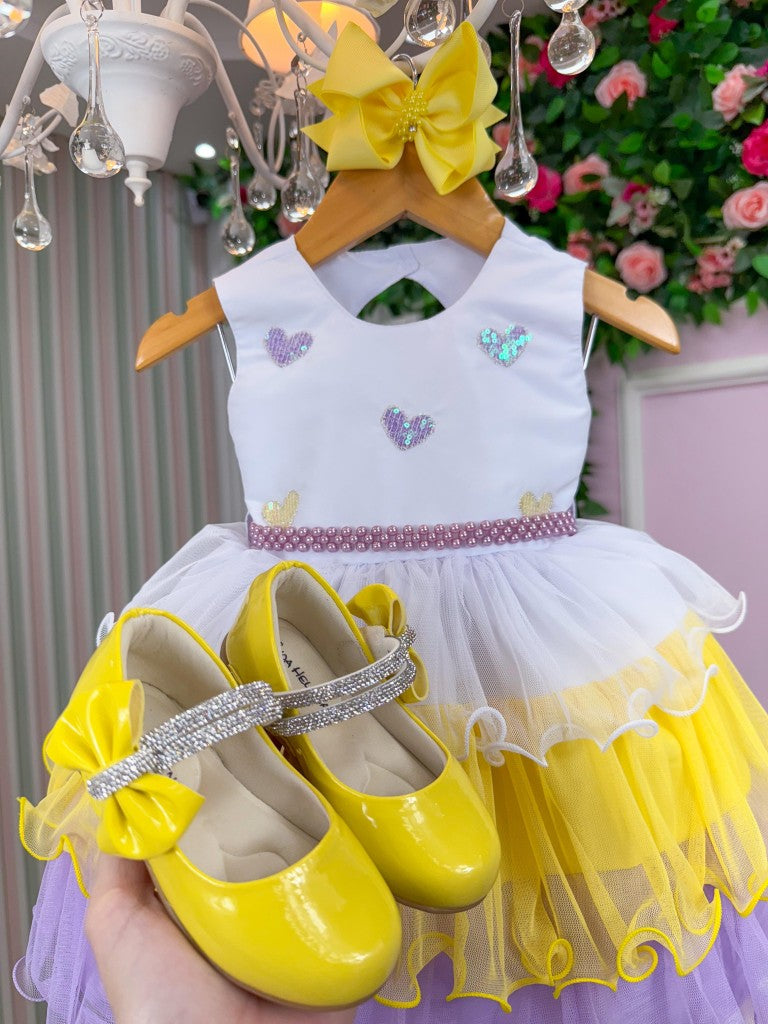 Vestido Infantil Amarelo em Algodão com Saia Lilás e Laço nas Costas para Festa de Aniversário