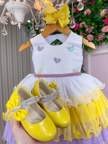 Vestido Infantil Amarelo em Algodão com Saia Lilás e Laço nas Costas para Festa de Aniversário