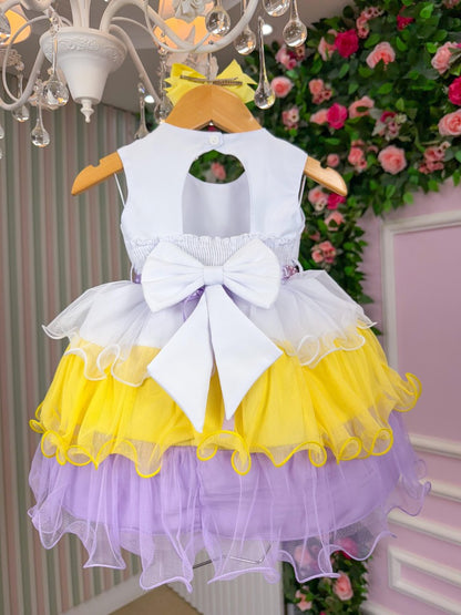 Vestido Infantil Amarelo em Algodão com Saia Lilás e Laço nas Costas para Festa de Aniversário