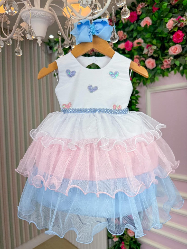 Vestido Infantil Rosa e Azul em Algodão com Saia Bicolor Estilo Princesa