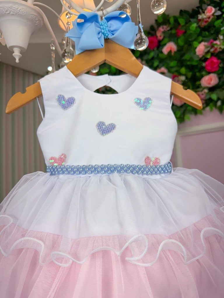 Vestido Infantil Rosa e Azul em Algodão com Saia Bicolor Estilo Princesa