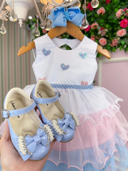 Vestido Infantil Rosa e Azul em Algodão com Saia Bicolor Estilo Princesa