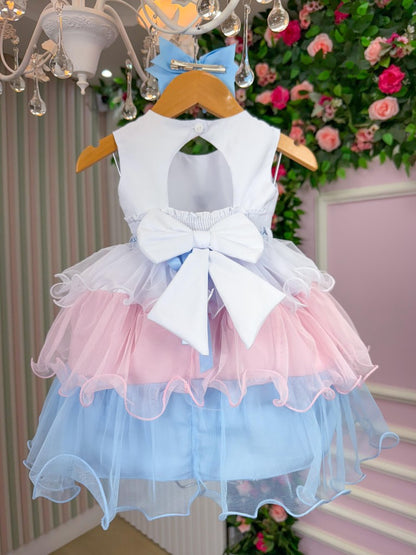 Vestido Infantil Rosa e Azul em Algodão com Saia Bicolor Estilo Princesa