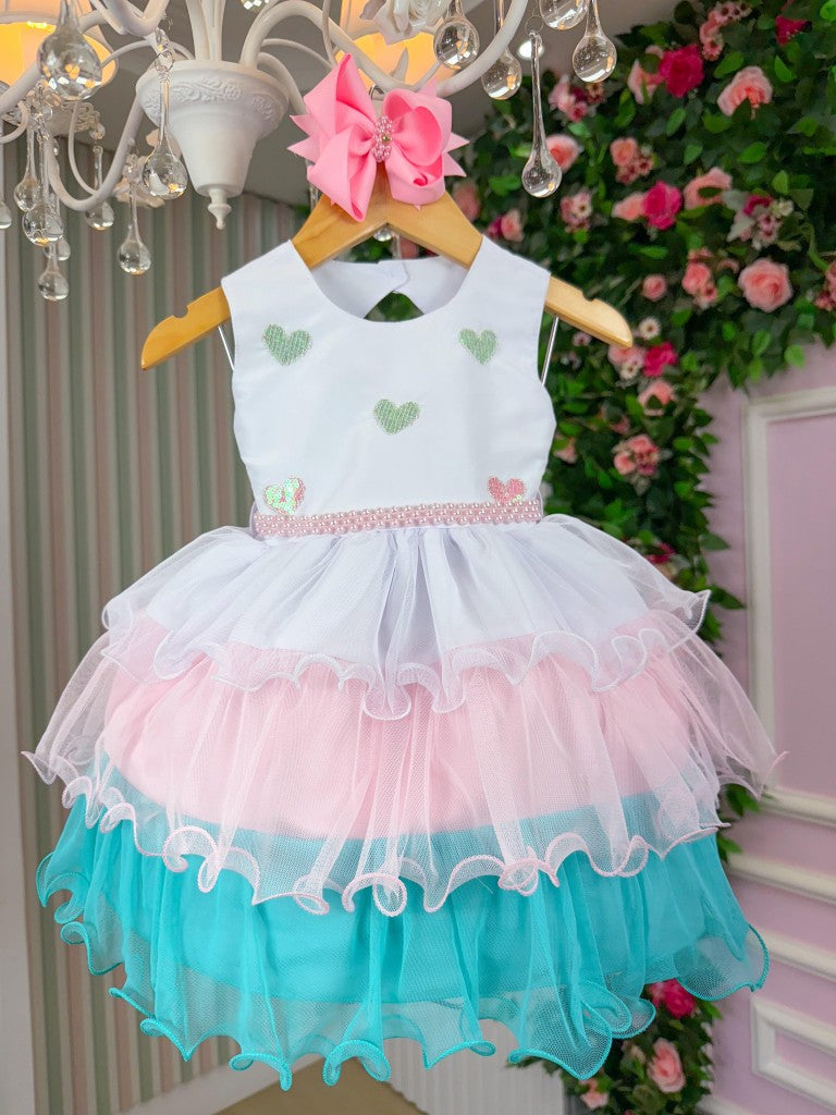 Vestido Infantil Verde e Rosa em Tule com Saia Bicolor para Festa de Aniversário