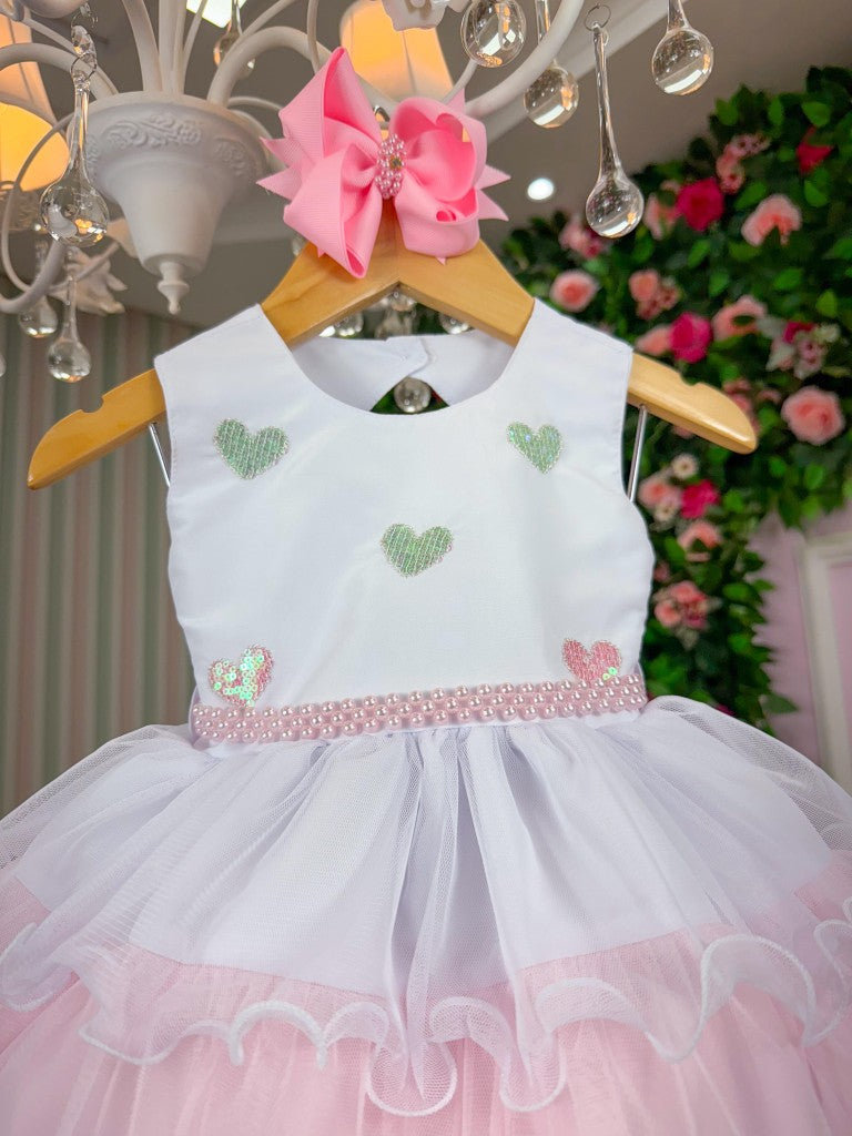 Vestido Infantil Verde e Rosa em Tule com Saia Bicolor para Festa de Aniversário