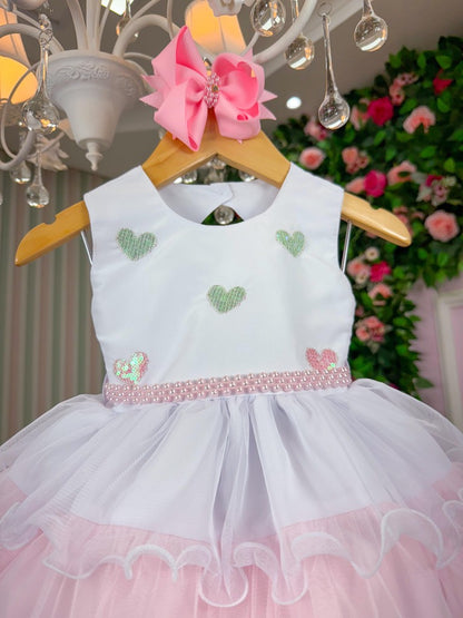 Vestido Infantil Verde e Rosa em Tule com Saia Bicolor para Festa de Aniversário