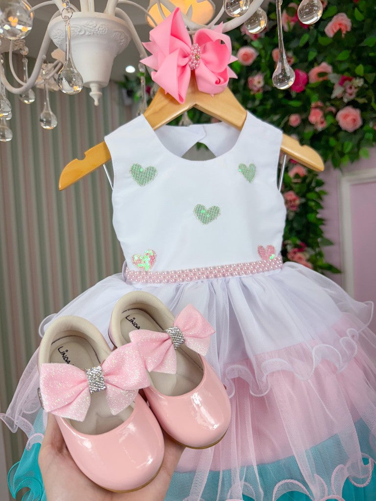 Vestido Infantil Verde e Rosa em Tule com Saia Bicolor para Festa de Aniversário