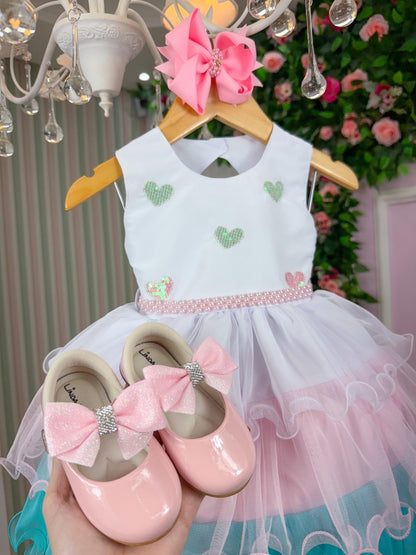 Vestido Infantil Verde e Rosa em Tule com Saia Bicolor para Festa de Aniversário