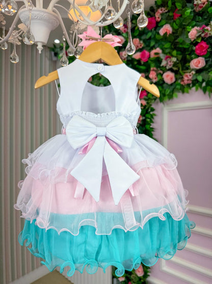 Vestido Infantil Verde e Rosa em Tule com Saia Bicolor para Festa de Aniversário