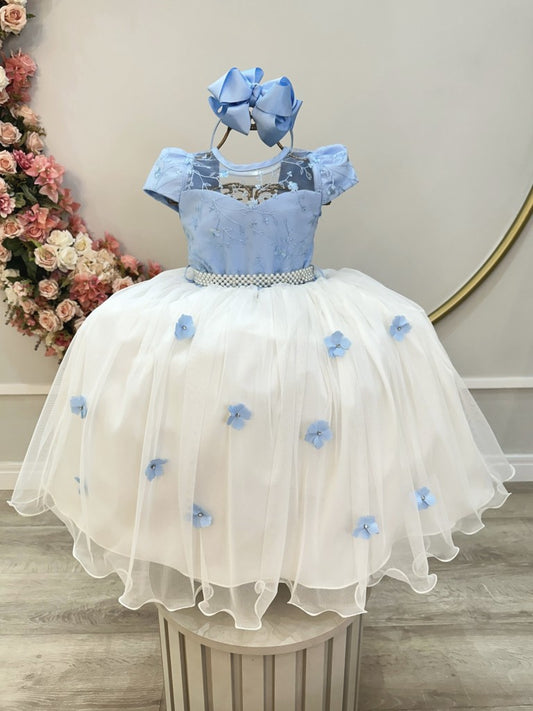 Vestido Infantil Azul Claro em Cetim com Saia Off White e Design Sofisticado para Casamento e Formatura