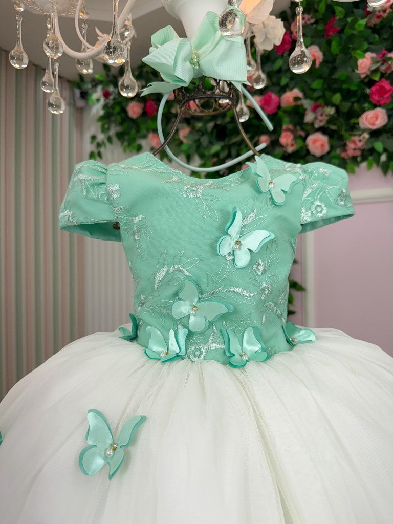Vestido Infantil Verde Oliva em Tecido Misto com Saia Rodada para Festa de Aniversário