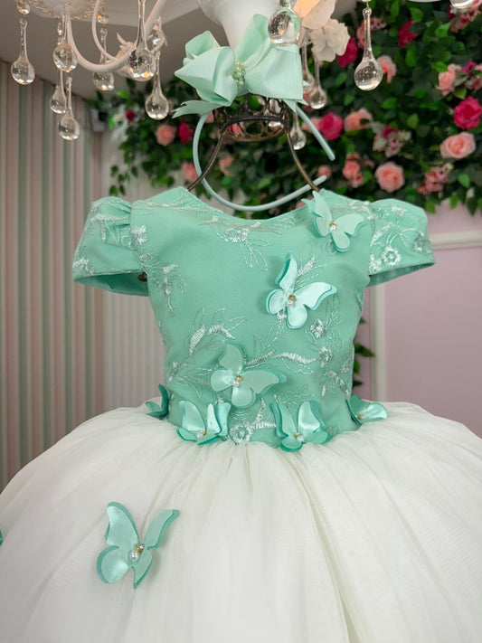 Vestido Infantil Verde Oliva em Tecido Misto com Saia Rodada para Festa de Aniversário