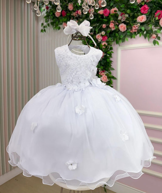 Vestido Infantil Branco em Tule com Renda e Saia Rodada para Daminhas