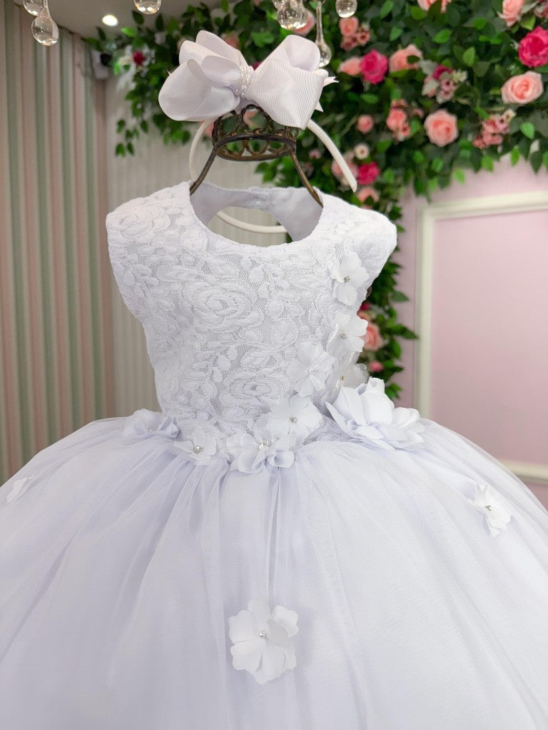 Vestido Infantil Branco em Tule com Renda e Saia Rodada para Daminhas