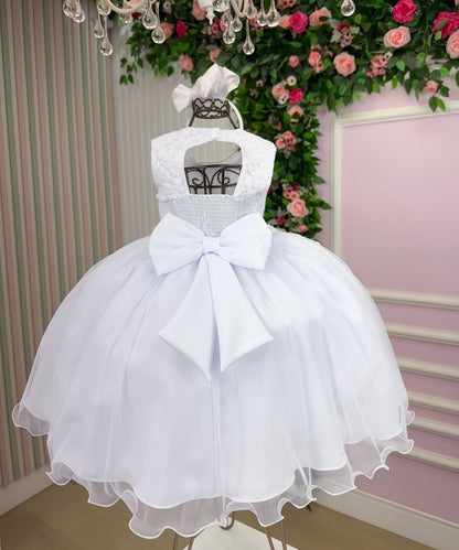 Vestido Infantil Branco em Tule com Renda e Saia Rodada para Daminhas