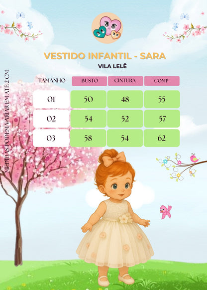 Vestido Infantil Off em Tule com Flores Saia Rodada Laço nas Costas Estilo Princesa