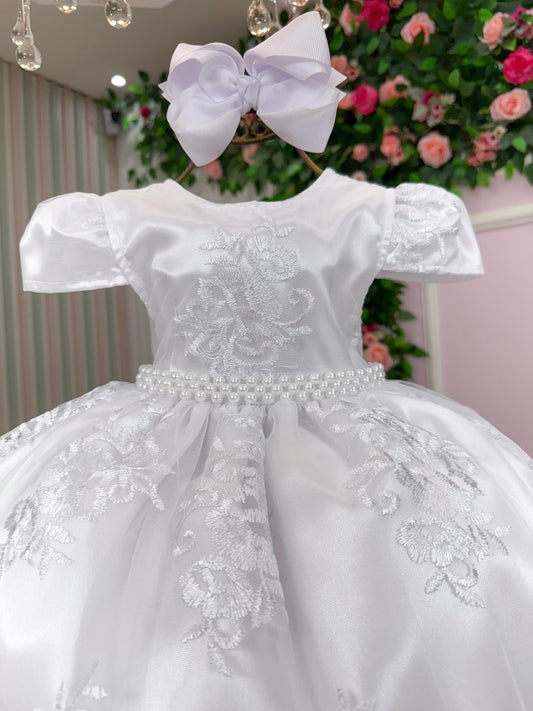 Vestido Infantil Branco em Poliéster com Gola Redonda e Saia Rodada para Festa de Aniversário