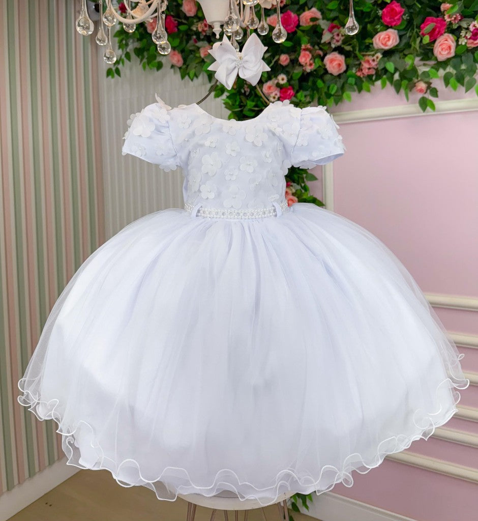 Vestido Infantil Branco em Tafetá com Gola Redonda e Saia Rodada para Festa de Aniversário