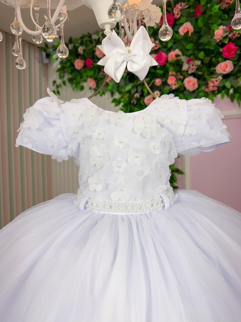 Vestido Infantil Branco em Tafetá com Gola Redonda e Saia Rodada para Festa de Aniversário
