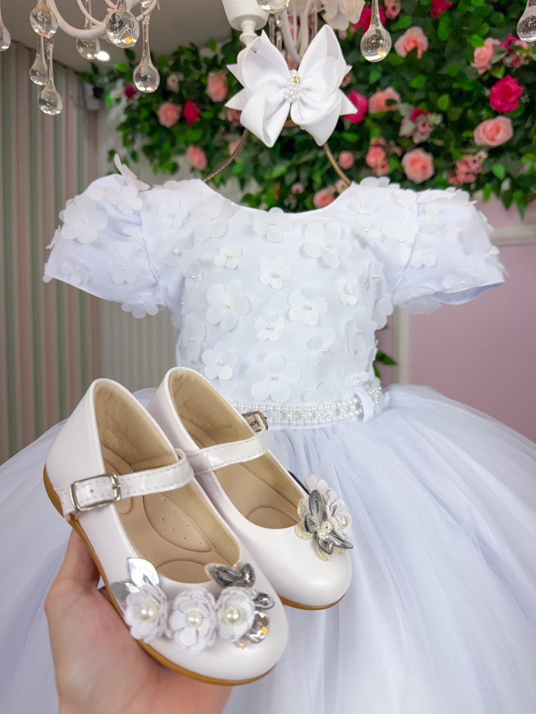 Vestido Infantil Branco em Tafetá com Gola Redonda e Saia Rodada para Festa de Aniversário