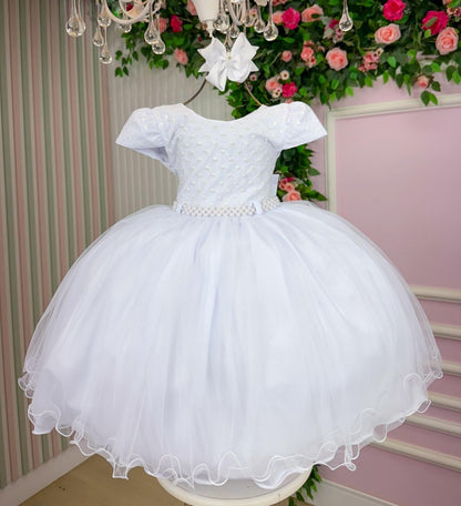 Vestido Infantil Branco em Tafetá com Gola Redonda e Saia Rodada para Festa de Aniversário