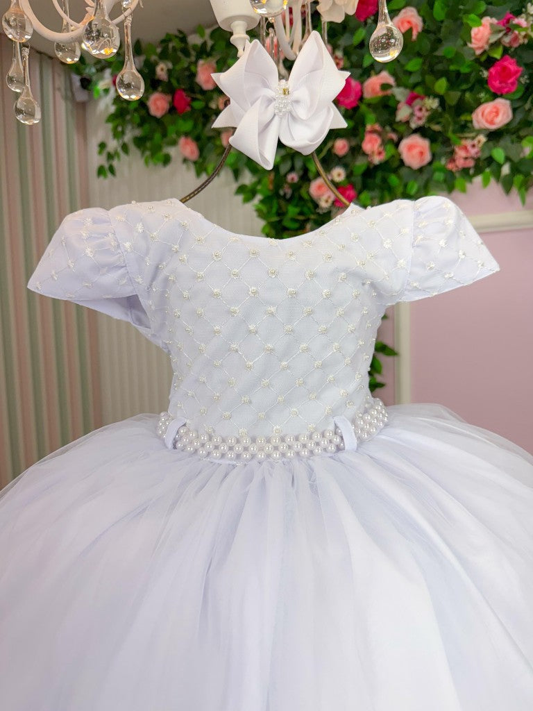 Vestido Infantil Branco em Tafetá com Gola Redonda e Saia Rodada para Festa de Aniversário