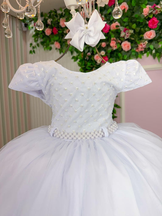 Vestido Infantil Branco em Tafetá com Gola Redonda e Saia Rodada para Festa de Aniversário