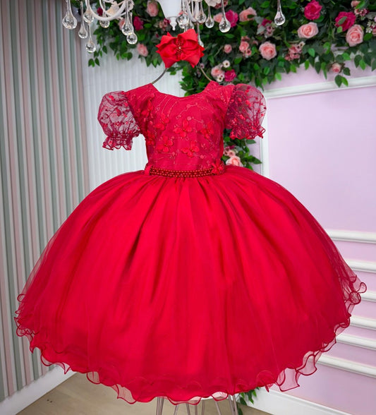 Vestido Infantil Vermelho em Tafetá com Gola Redonda e Saia Rodada para Festa de Aniversário