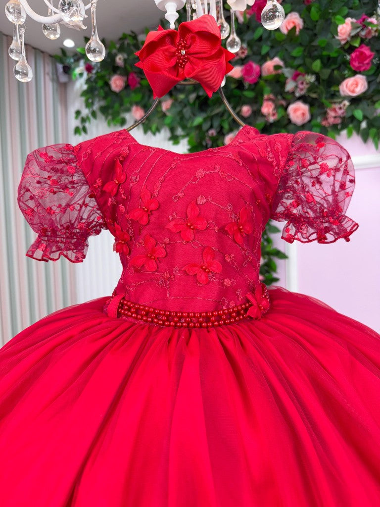 Vestido Infantil Vermelho em Tafetá com Gola Redonda e Saia Rodada para Festa de Aniversário